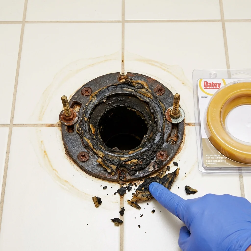 Failed wax ring showing water seepage at the base of a toilet in a Hamburg, AR home