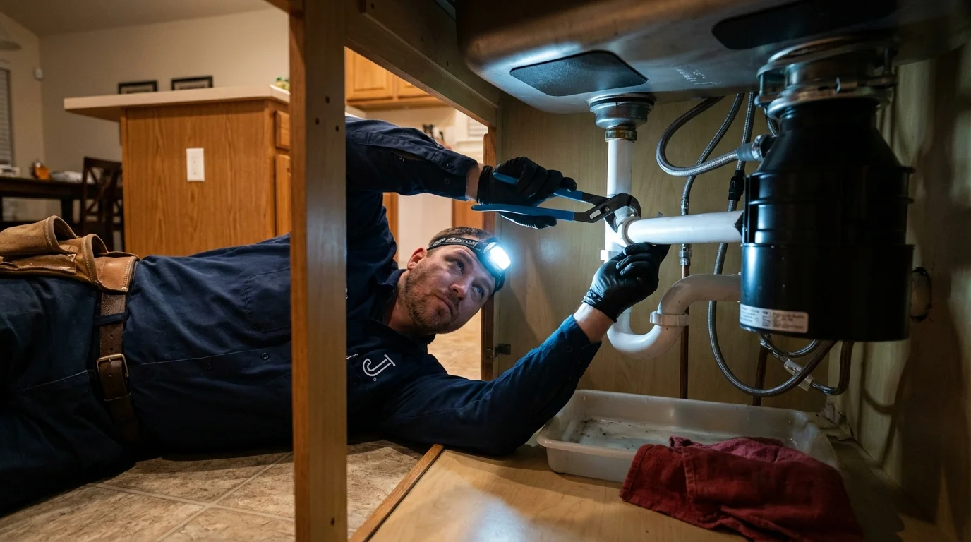 P-trap and supply line connections under a kitchen sink showing a common leak point in Hamburg, AR